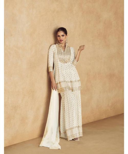 Elegant Embroidered Chinon Top & Plazo Set With Dupatta - Color: Multicolor