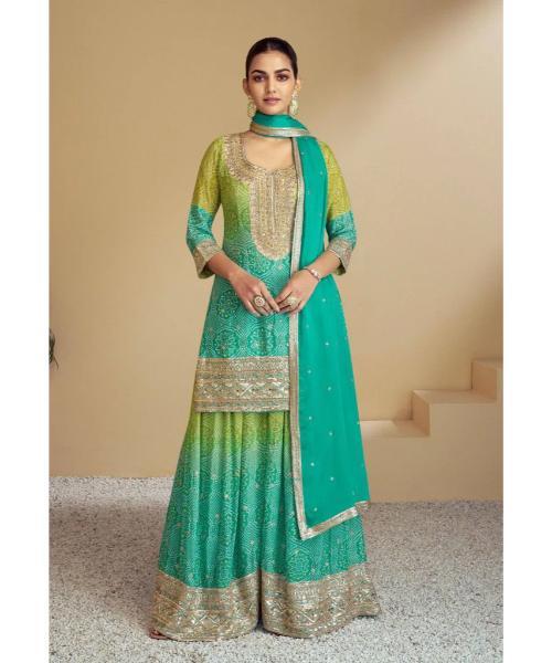 Elegant Embroidered Chinon Top & Plazo Set With Dupatta - Color: Multicolor