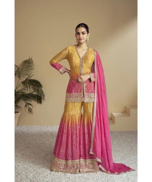 Elegant Embroidered Chinon Top & Plazo Set With Dupatta - Color: Multicolor