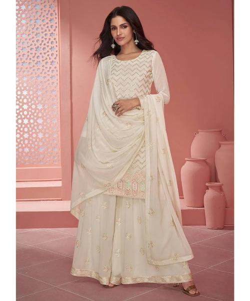 Elegant Embroidered Chinon Top & Plazo Set With Dupatta - Color: Multicolor