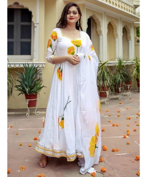 Printed Anarkali Suit Set - Neck Style: V-neck
