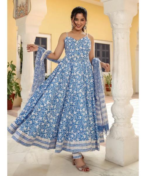 Printed Anarkali Suit Set - Neck Style: V-neck
