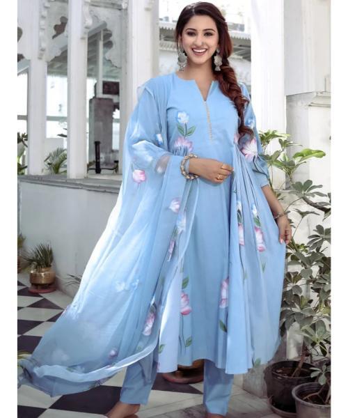 Printed Anarkali Suit Set - Neck Style: V-neck