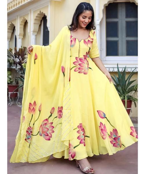 Printed Anarkali Suit Set - Neck Style: V-neck