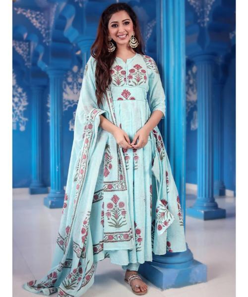 Printed Anarkali Suit Set - Neck Style: V-neck