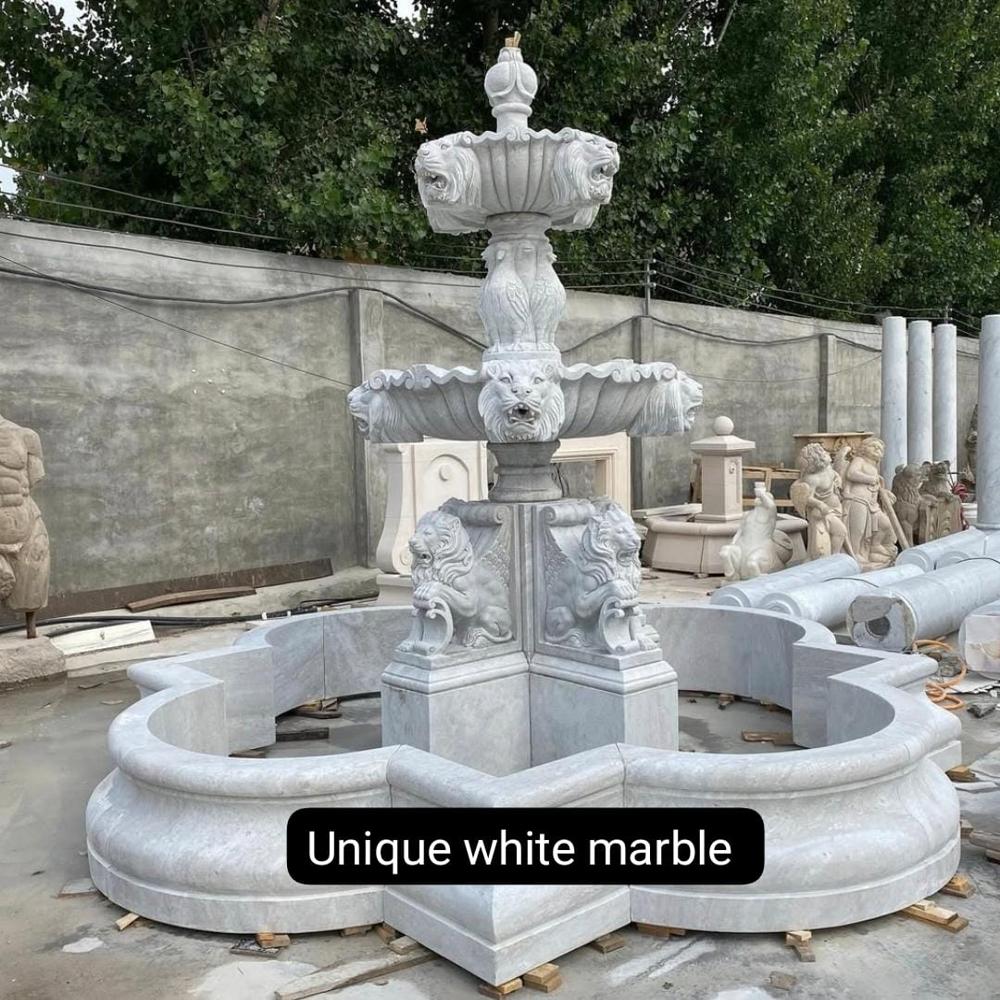 White Marble Lion Fountain - Pool Size: Standard