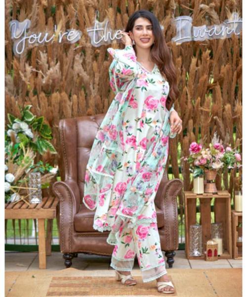 Printed Georgette Sharara Set - Neck Style: V-neck