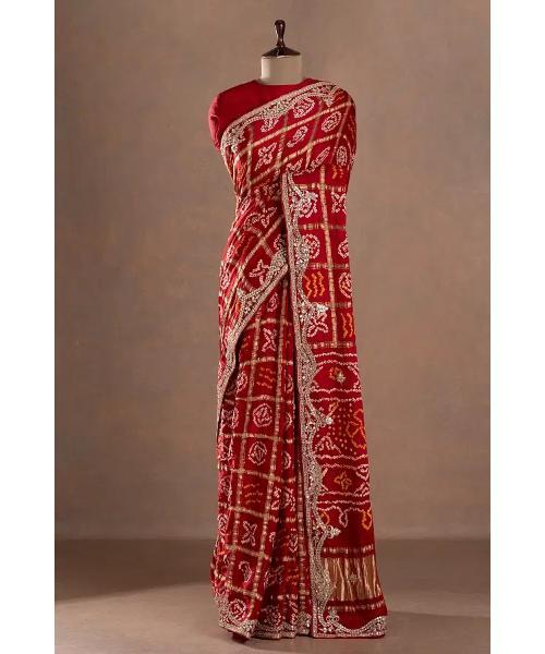 Gota Embroidered Gajji Silk Bandhani Designer Saree with Unstitched Blouse