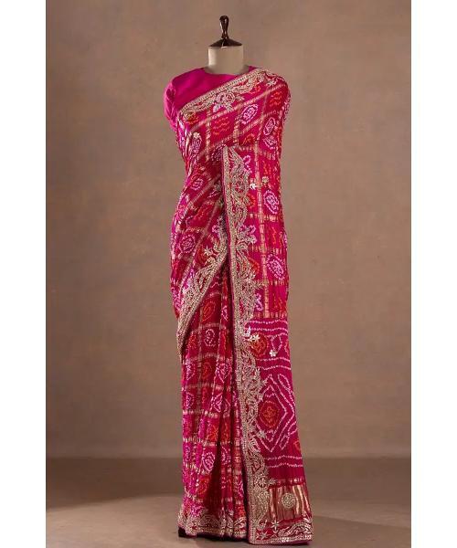 Gota Embroidered Gajji Silk Bandhani Designer Saree with Unstitched Blouse