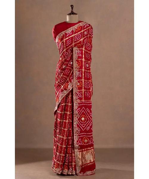 Gota Embroidered Gajji Silk Bandhani Designer Saree with Unstitched Blouse