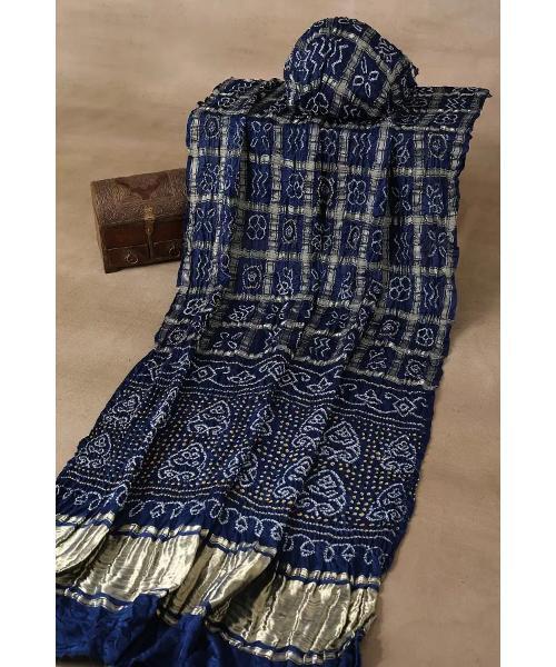 Prussian Blue Zari Woven Gajji Silk Bandhani Saree