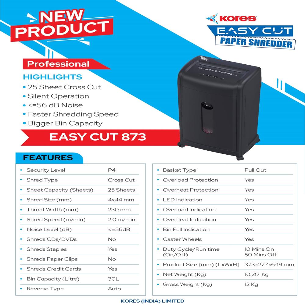 Kores Paper Shredder 873 - Application: Paper/credit Cards/1 Cd