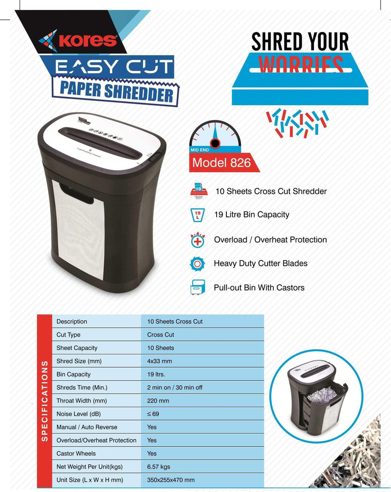 Kores Easy Cut 826 Paper Shredder - Application: Paper/credit Cards/1 Cd