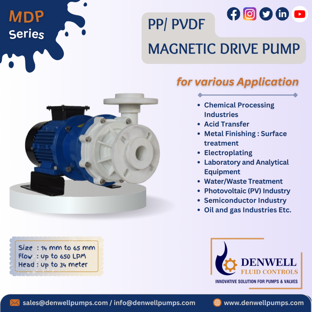Magnetic Drive Pumps - Pp/pvdf Material, Power 0.5-3kw, Flow Rate 5-100 Lpm, Head 10-50m, Temperature Range 0-80â°c | Iso2858 Certified For Corrosive Chemicals And Fuming Liquids
