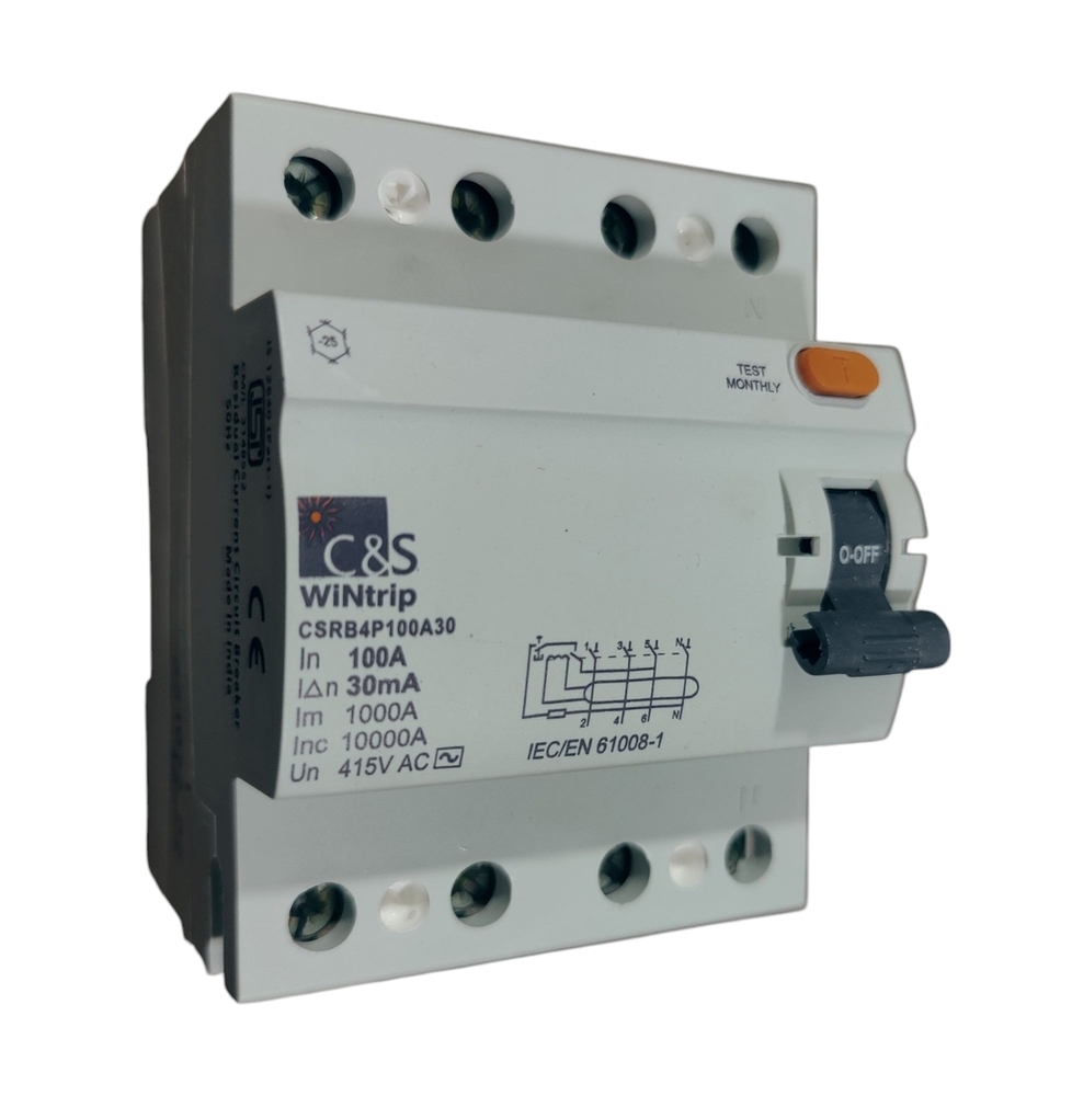 C&s Rccb Csrb4p100a30-10ka - 100a, 415v Ac, 30ma, 1000a In, 10ka Fault Protection | Reliable Electrical Safety Solution