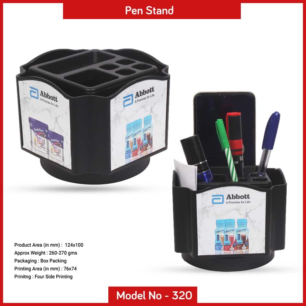 Pen Stand - Plastic, 124x100 Mm, Brown | Desk Organizer With Box Packing, Four-sided Printing Area For Corporate Promotions