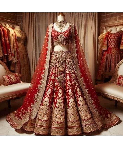 Red Raw Silk Hand Embroidery Floral Paan Neck Bridal Lehenga Set