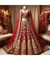 Red Raw Silk Hand Embroidery Floral Paan Neck Bridal Lehenga Set - Color: Multicolor