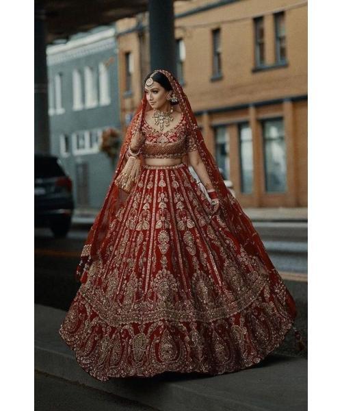 Red Raw Silk Hand Embroidery Floral Paan Neck Bridal Lehenga Set