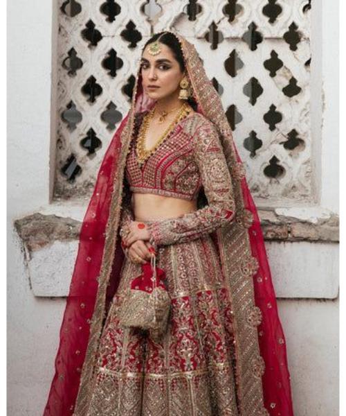 Red Raw Silk Hand Embroidery Floral Paan Neck Bridal Lehenga Set