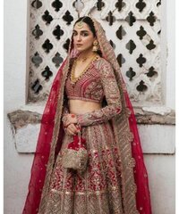 Red Raw Silk Hand Embroidery Floral Paan Neck Bridal Lehenga Set