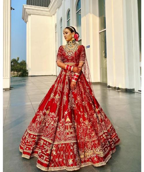 Red Raw Silk Hand Embroidery Floral Paan Neck Bridal Lehenga Set