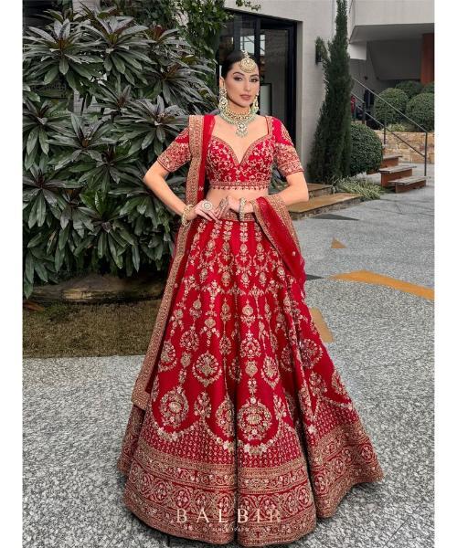 Red Raw Silk Hand Embroidery Floral Paan Neck Bridal Lehenga Set