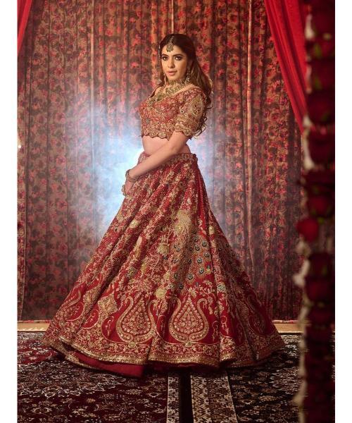 Red Raw Silk Hand Embroidery Floral Paan Neck Bridal Lehenga Set