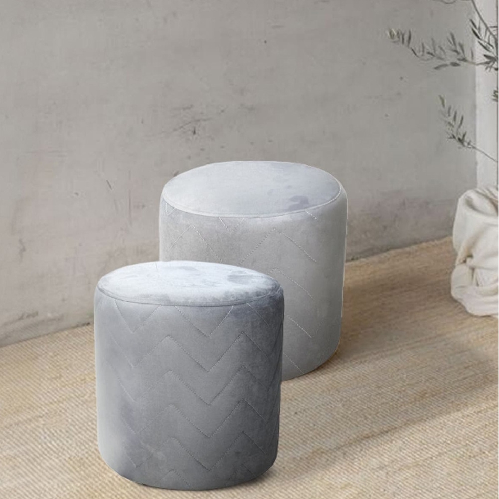 Royaloak Grey Round Ottoman Poufs | Set Of 2 | Velvet Fabric - Otmn-28 - Assembly: No Assembly Required