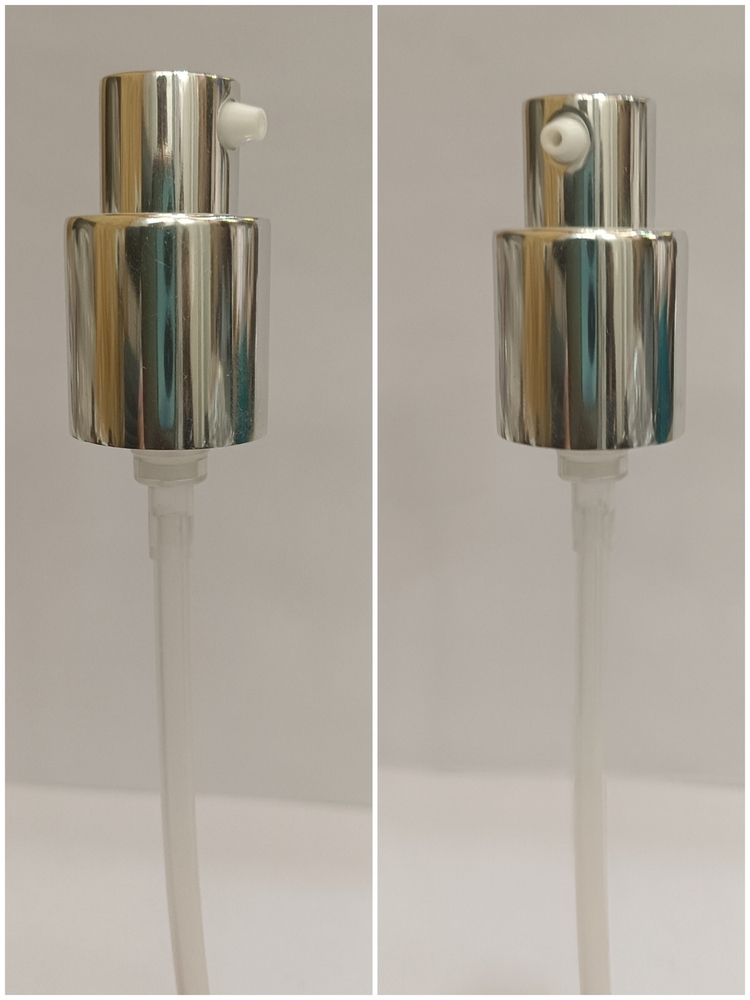 18MM C01 A CREAM PUMP (SILVER) - PP & Aluminum Materials, 18mm Neck Size, Glossy Silver Finish | Airless Dispensing, Customizable Dip Tube Length
