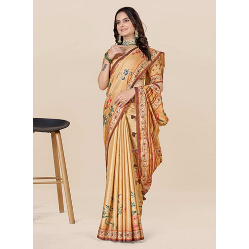 Beige And Purple Floral Art Silk Saree