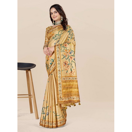 Yellow And Green Floral Art Silk Saree
