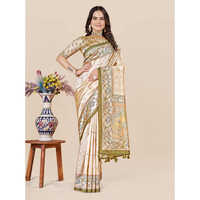 Floral Art Silk Saree - 5.5 Meters, Cream & Olive Green | All-over Floral & Paisley Motifs, Ethnic Contrast Pallu With Tasseled Edges