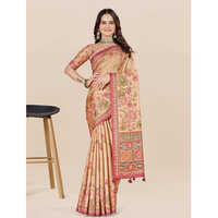 Floral Art Silk Saree - Art Silk, 5.5m Length + 0.8m Blouse Piece | Beige With Red Accents, Traditional Floral Motifs & Woven Ethnic Pallu