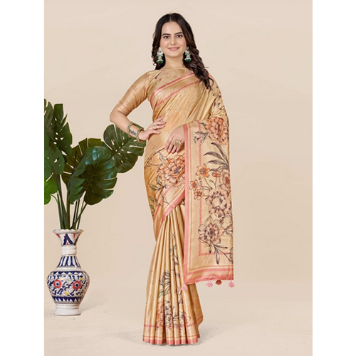 Pink and cream-coloured  Floral Art Silk Saree