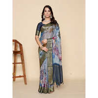 Grey And Green Floral Print Saree - Design: Trendy