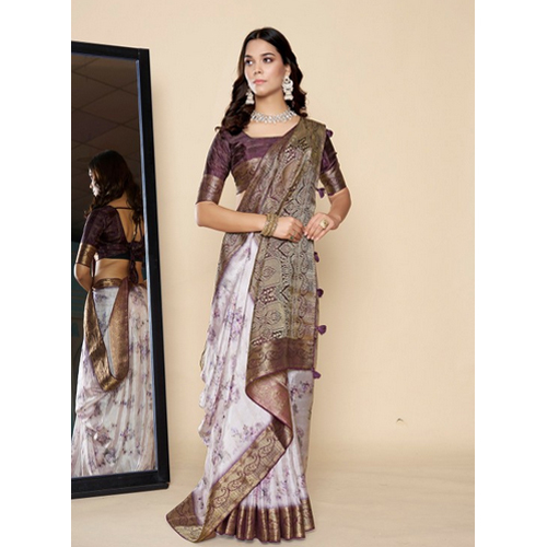 Purple And White Floral Woven Design Saree - Color: Multicolor