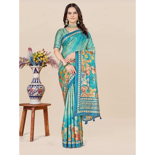 Teal And Beige Saree