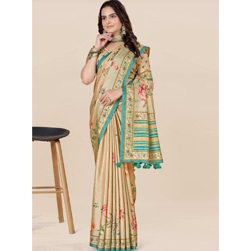 Turquoise Blue And Beige Saree