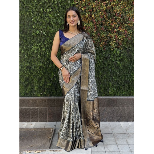 Navy Blue Mysore Silk Saree - Design: Trendy