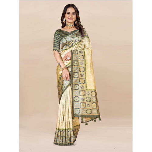 Green And Beige Block Print Saree