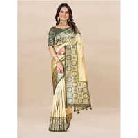 Green And Beige Block Print Saree - Color: Multicolor