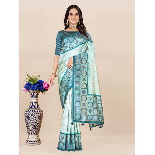 Teal And White Block Print Saree