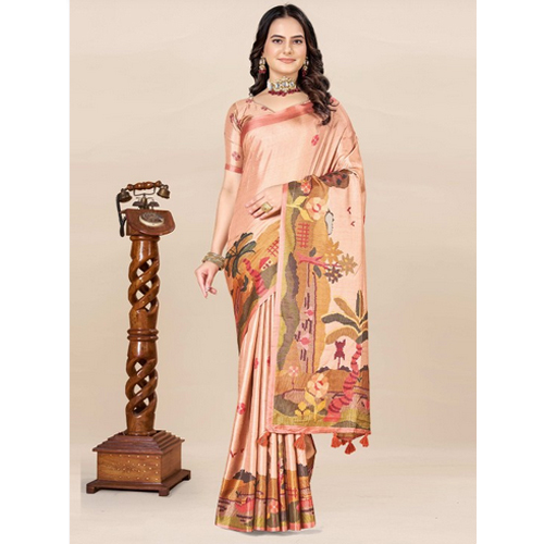 Peach Coloured And Green Saree