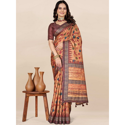 Brown And Red Floral Printed Saree