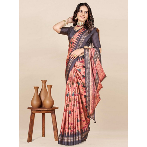 Peach Coloured And Grey Saree