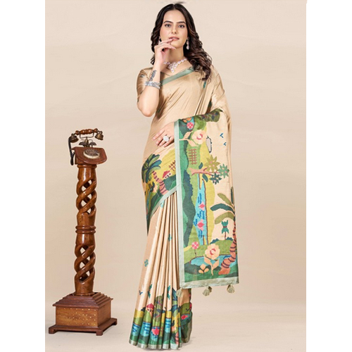Cream Coloured And Green Saree