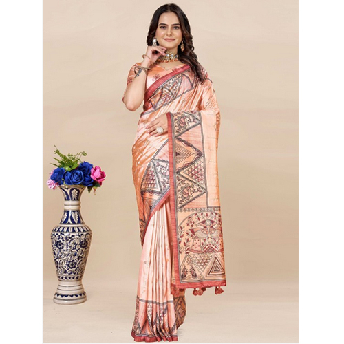 Peach Coloured And Black Saree With Solid Border
