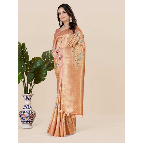 Peach-coloured And Gold-toned Tussar Saree