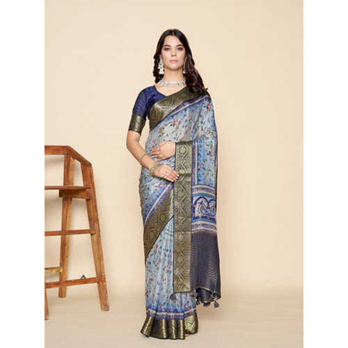 Blue And Green Floral Zari Saree